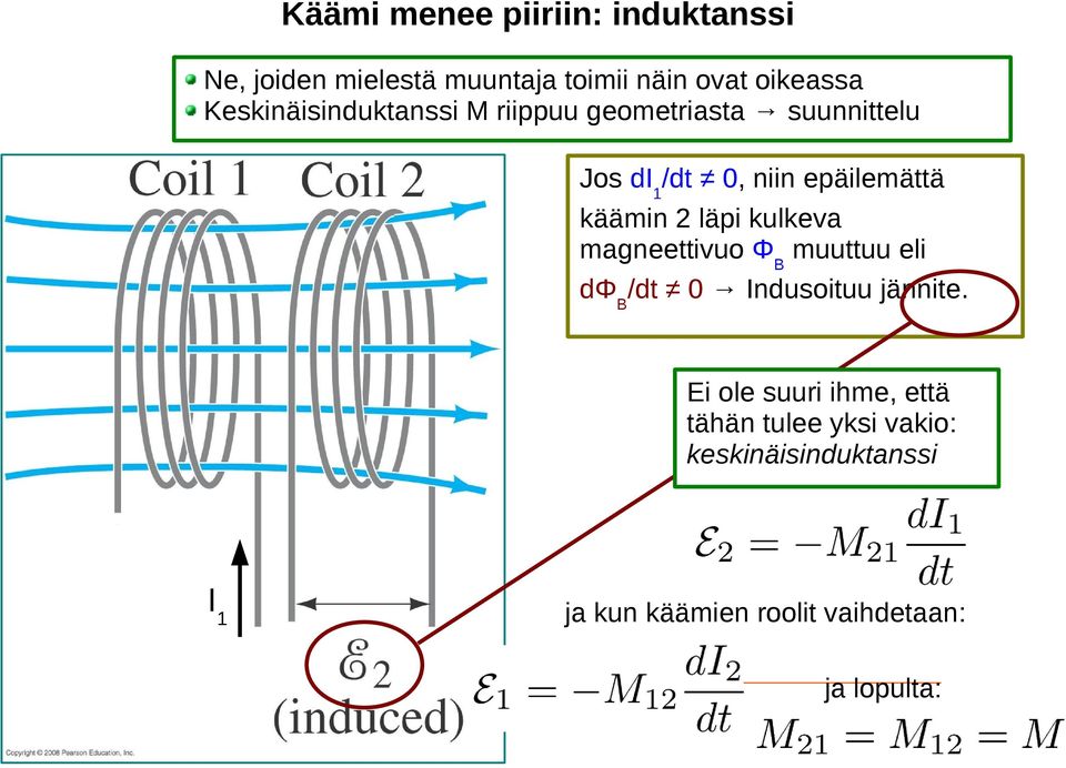 käämin 2 läpi kulkeva magneettivuo ΦB muuttuu eli dφb/dt 0 Indusoituu jännite.