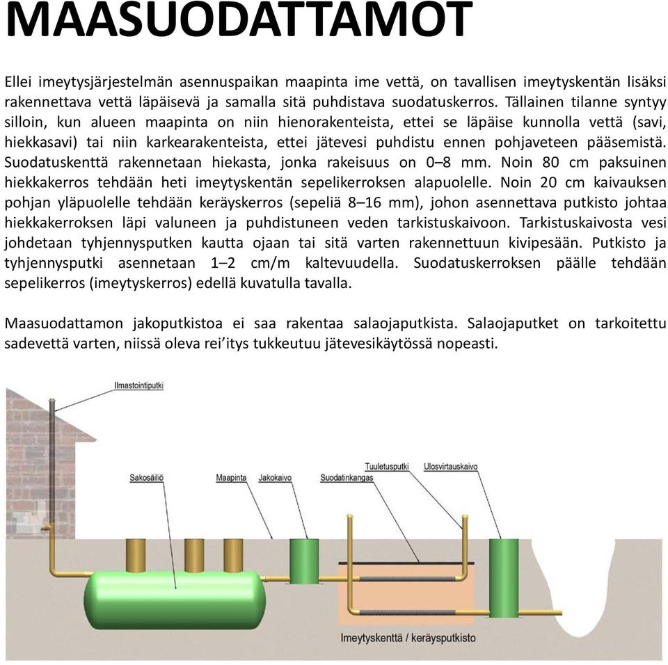 pohjaveteen pääsemistä. Suodatuskenttä rakennetaan hiekasta, jonka rakeisuus on 0 8 mm. Noin 80 cm paksuinen hiekkakerros tehdään heti imeytyskentän sepelikerroksen alapuolelle.