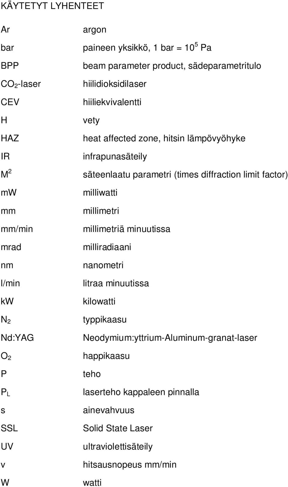 säteenlaatu parametri (times diffraction limit factor) milliwatti millimetri millimetriä minuutissa milliradiaani nanometri litraa minuutissa kilowatti