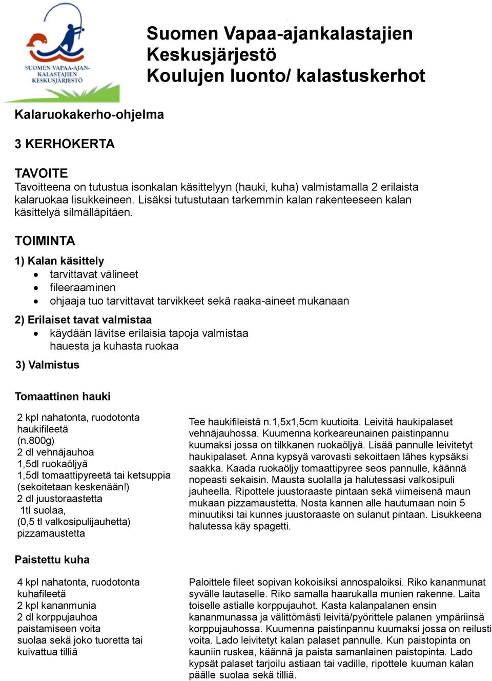 1) Kalan käsittely tarvittavat välineet fileeraaminen mukanaan hauesta ja kuhasta ruokaa Tomaattinen hauki 2 kpl nahatonta, ruodotonta haukifileetä (n.