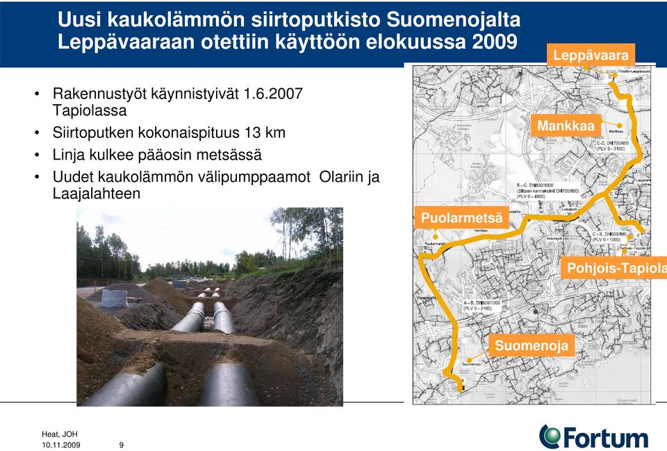 2007 Tapiolassa Siirtoputken kokonaispituus 13 km Linja kulkee pääosin metsässä