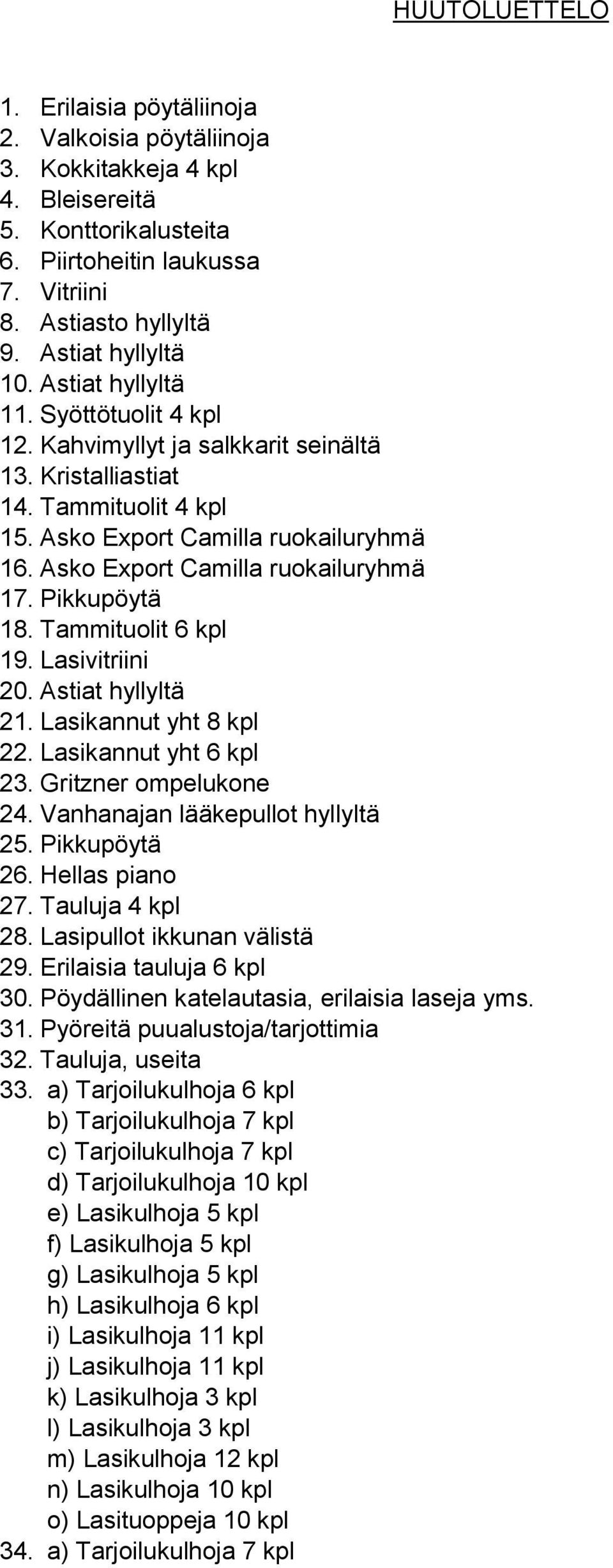 Asko Export Camilla ruokailuryhmä 17. Pikkupöytä 18. Tammituolit 6 kpl 19. Lasivitriini 20. Astiat hyllyltä 21. Lasikannut yht 8 kpl 22. Lasikannut yht 6 kpl 23. Gritzner ompelukone 24.