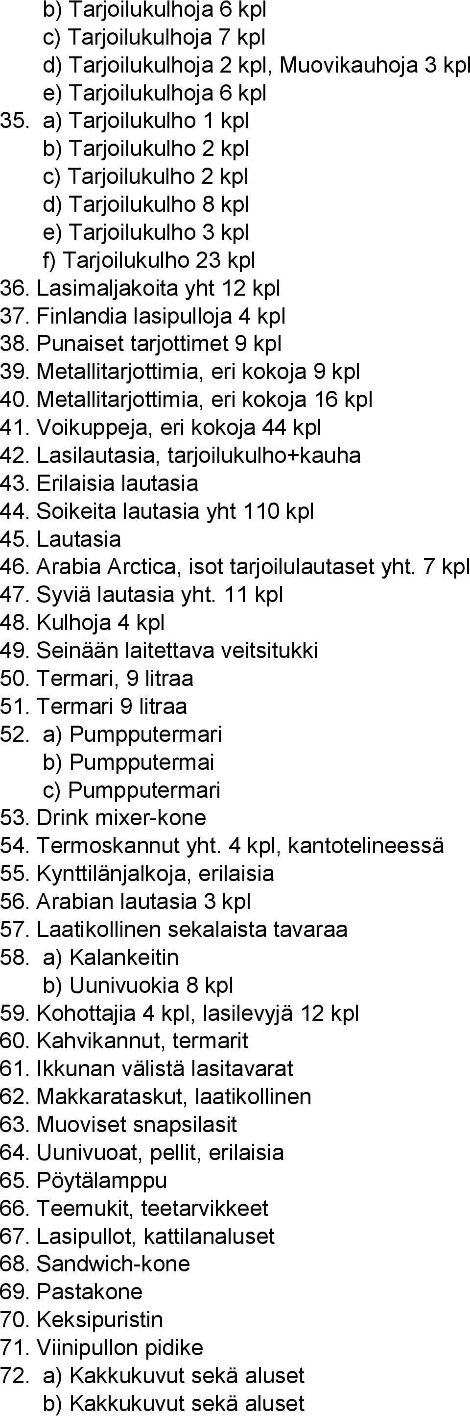 Finlandia lasipulloja 4 kpl 38. Punaiset tarjottimet 9 kpl 39. Metallitarjottimia, eri kokoja 9 kpl 40. Metallitarjottimia, eri kokoja 16 kpl 41. Voikuppeja, eri kokoja 44 kpl 42.