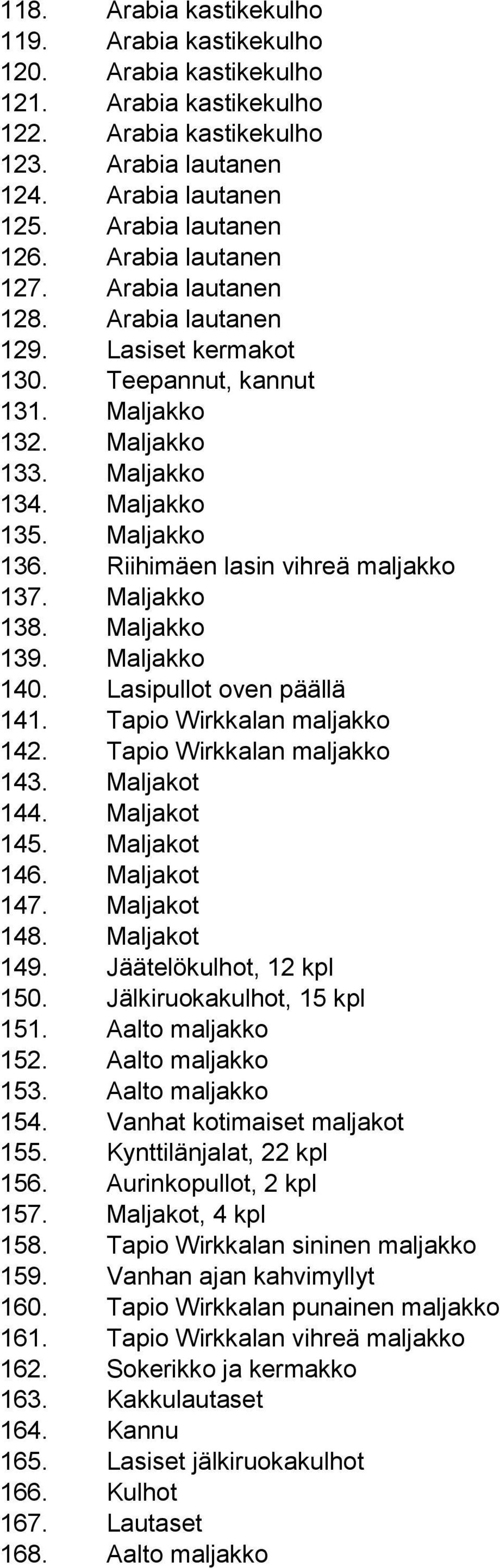 Riihimäen lasin vihreä maljakko 137. Maljakko 138. Maljakko 139. Maljakko 140. Lasipullot oven päällä 141. Tapio Wirkkalan maljakko 142. Tapio Wirkkalan maljakko 143. Maljakot 144. Maljakot 145.