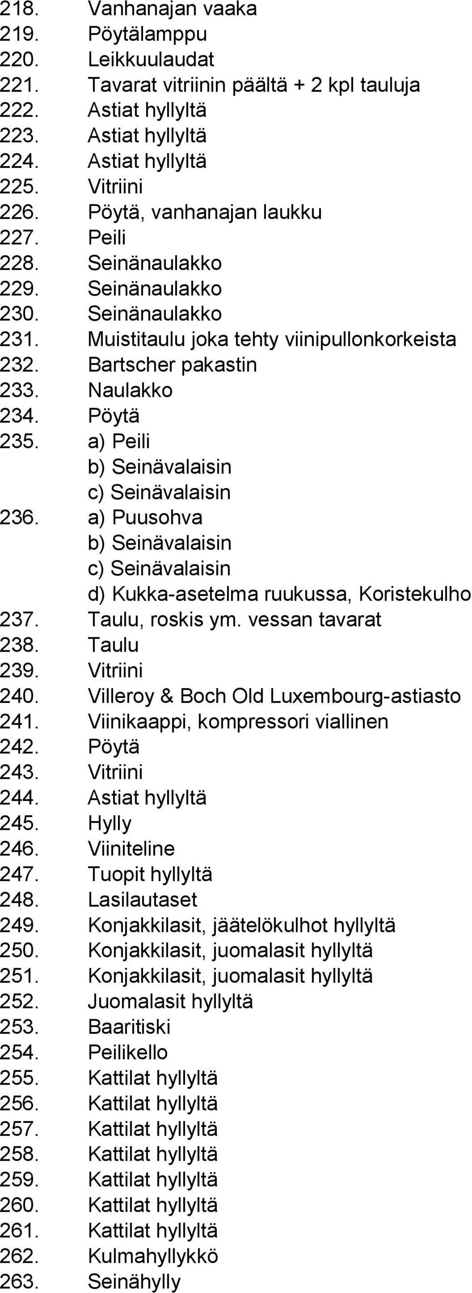 a) Peili b) Seinävalaisin c) Seinävalaisin 236. a) Puusohva b) Seinävalaisin c) Seinävalaisin d) Kukka-asetelma ruukussa, Koristekulho 237. Taulu, roskis ym. vessan tavarat 238. Taulu 239.