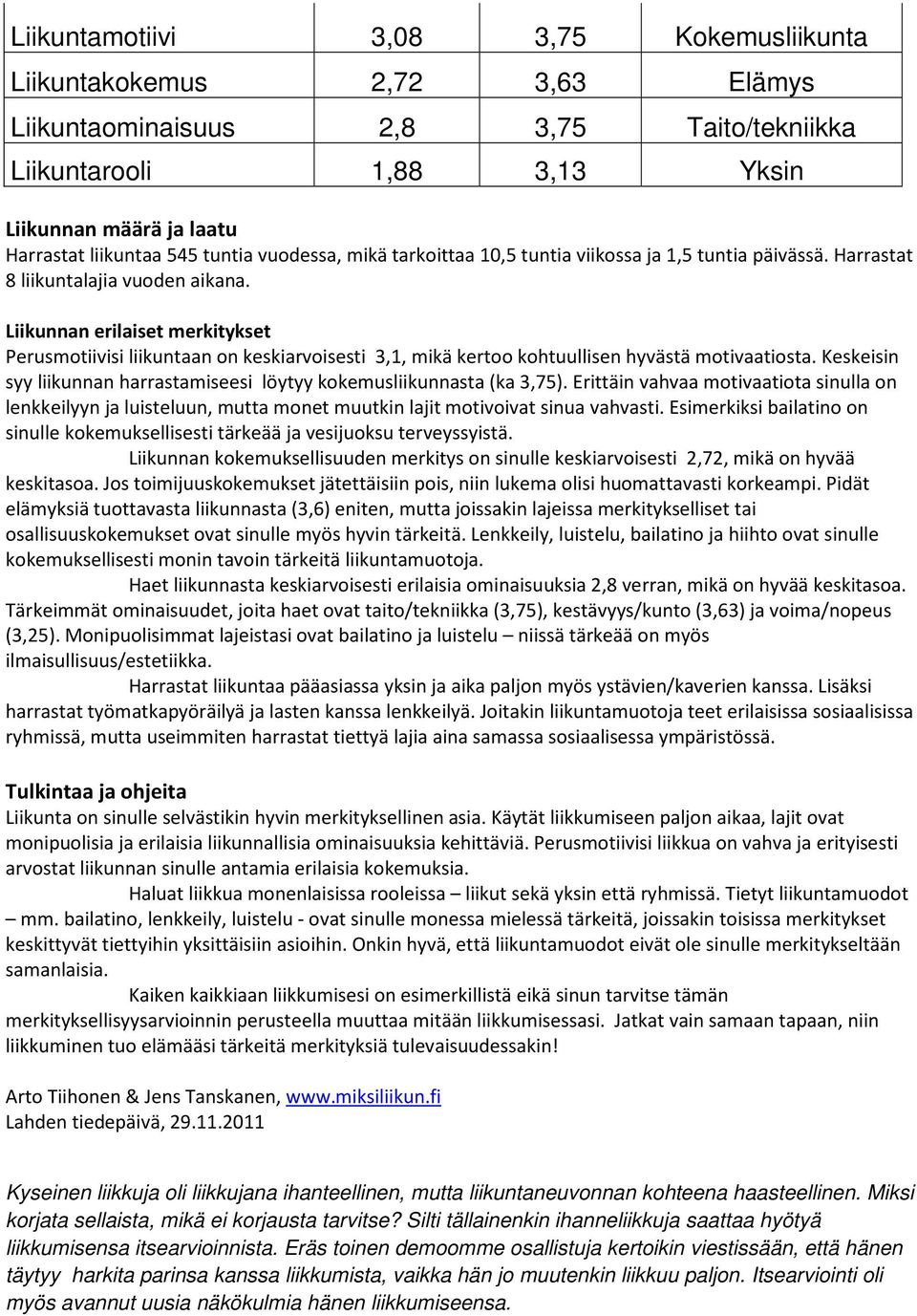 Liikunnan erilaiset merkitykset Perusmotiivisi liikuntaan on keskiarvoisesti 3,1, mikä kertoo kohtuullisen hyvästä motivaatiosta.