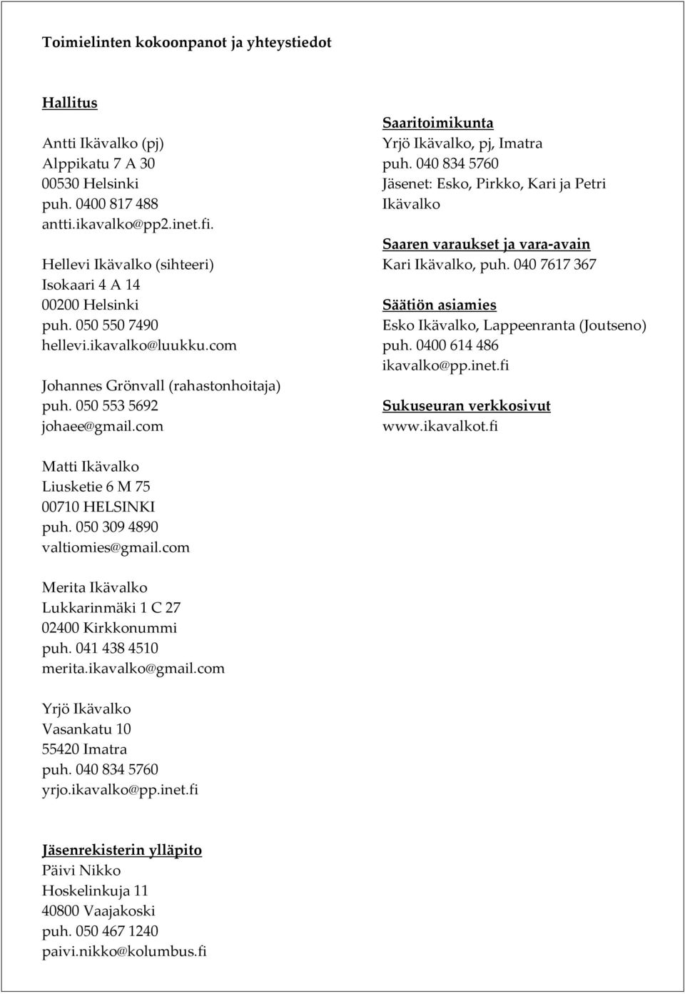 com Saaritoimikunta Yrjö Ikävalko, pj, Imatra puh. 040 834 5760 Jäsenet: Esko, Pirkko, Kari ja Petri Ikävalko Saaren varaukset ja vara-avain Kari Ikävalko, puh.