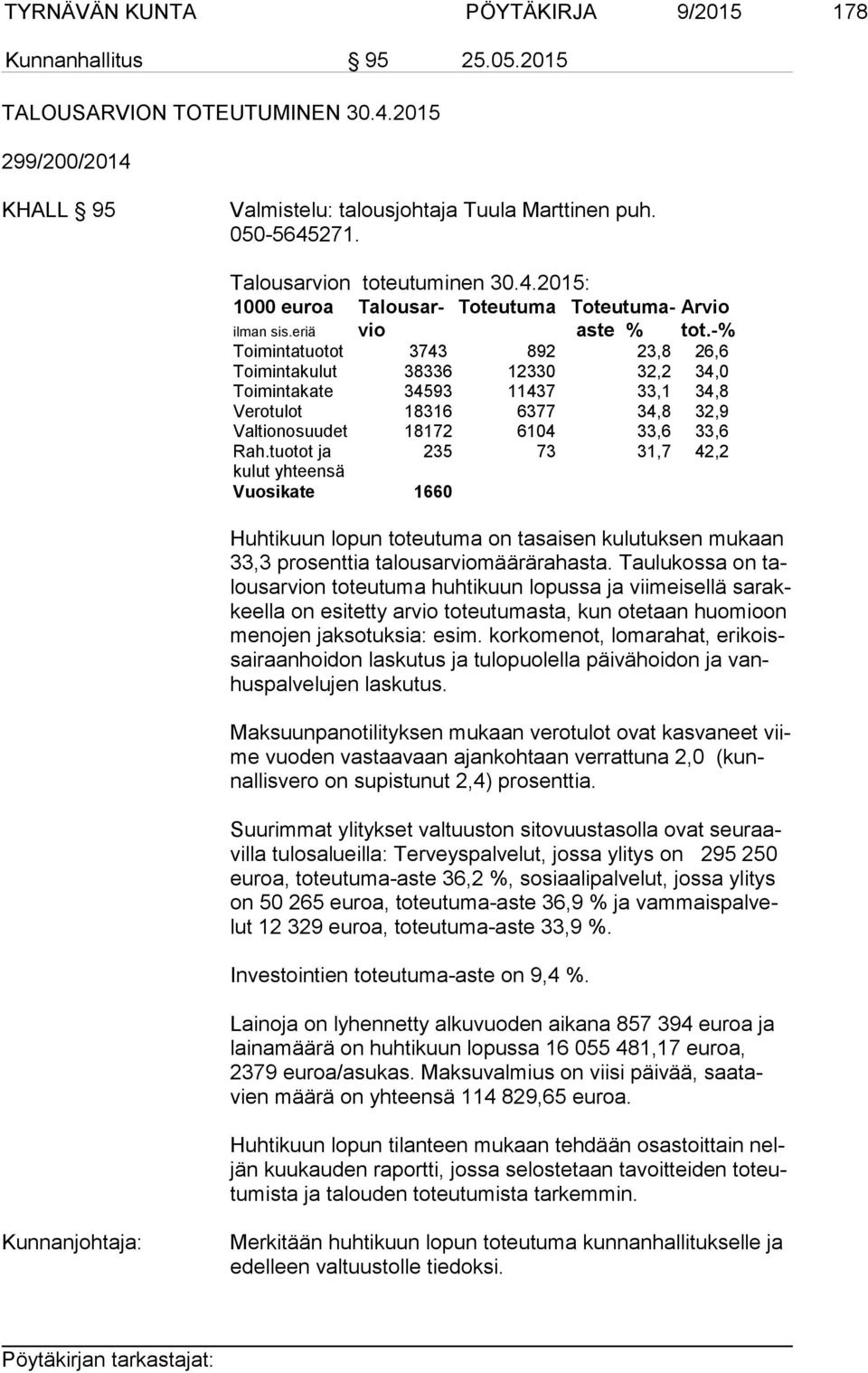 -% Toimintatuo tot 3743 892 23,8 26,6 Toimintakulut 38336 12330 32,2 34,0 Toimintakate 34593 11437 33,1 34,8 Verotulot 18316 6377 34,8 32,9 Valtionosuu det 18172 6104 33,6 33,6 Rah.
