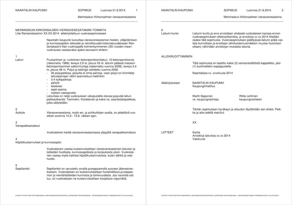 XX.2014 allekirjoitettuun vuokrasopimukseen Naantalin kaupunki luovuttaa vierasvenesataman hoidon, ylläpitämisen ja kunnossapidon oikeudet ja velvollisuudet kokonaisuudessaan Rantamakasiini-tilan