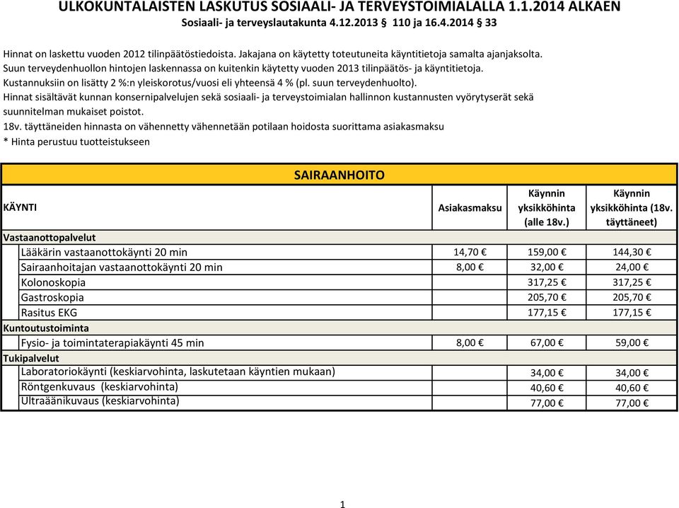 Kustannuksiin on lisätty 2 %:n yleiskorotus/vuosi eli yhteensä 4 % (pl. suun terveydenhuolto).