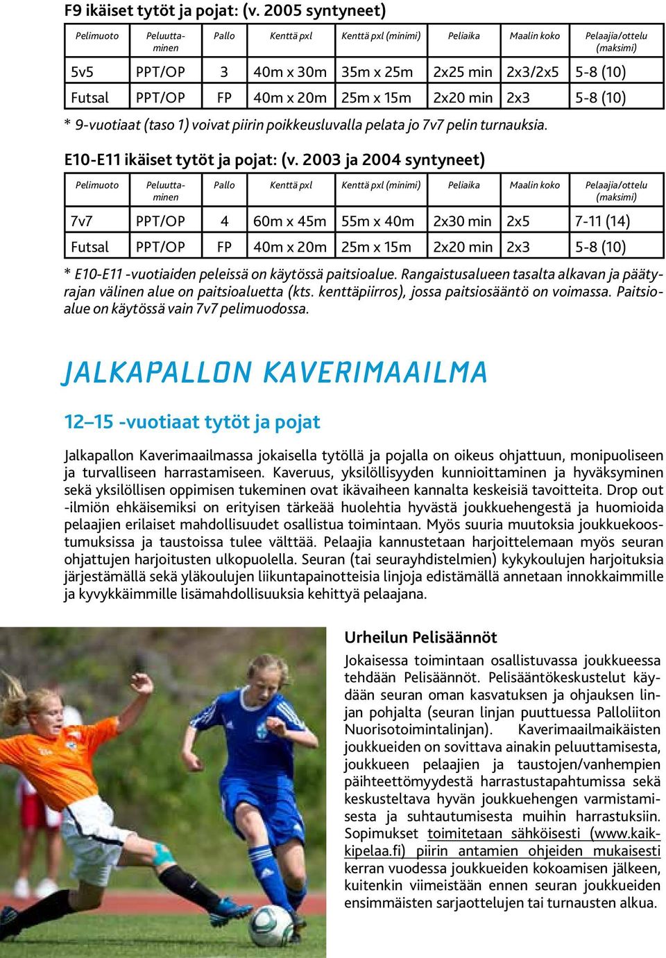 5-8 (10) * 9-vuotiaat (taso 1) voivat piirin poikkeusluvalla pelata jo 7v7 pelin turnauksia. E10-E11 ikäiset tytöt ja pojat: (v.