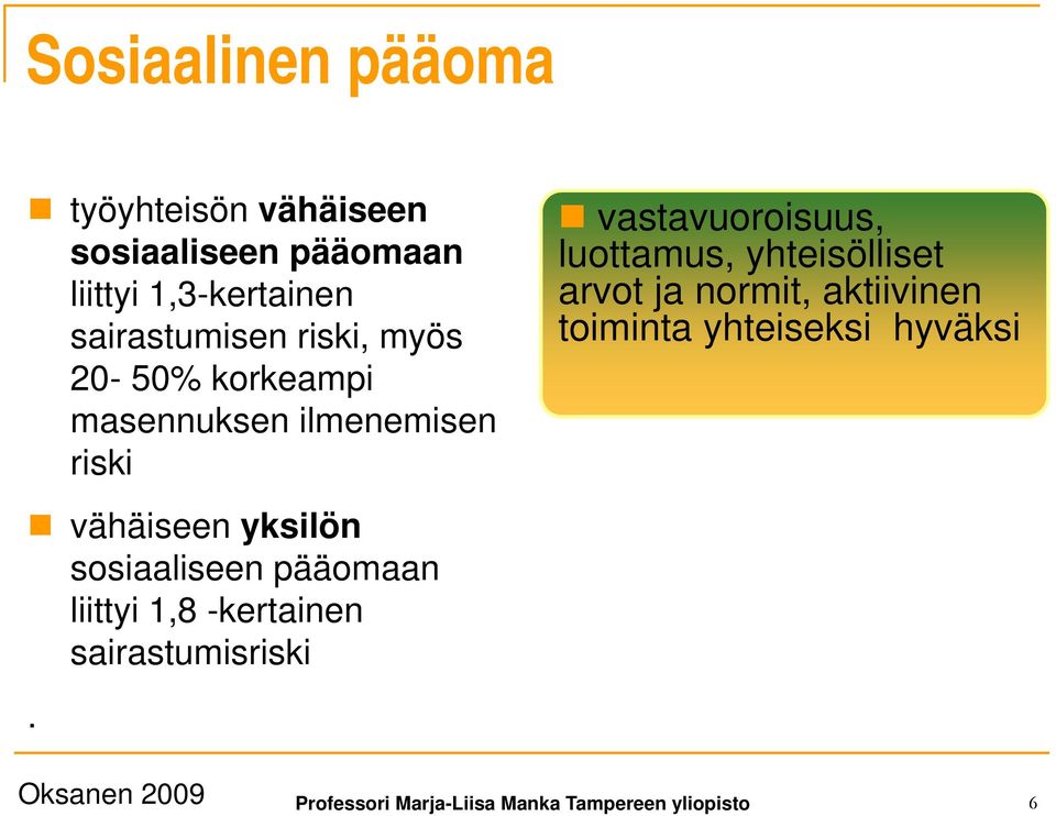 yhteisölliset arvot ja normit, aktiivinen toiminta yhteiseksi hyväksi vähäiseen yksilön