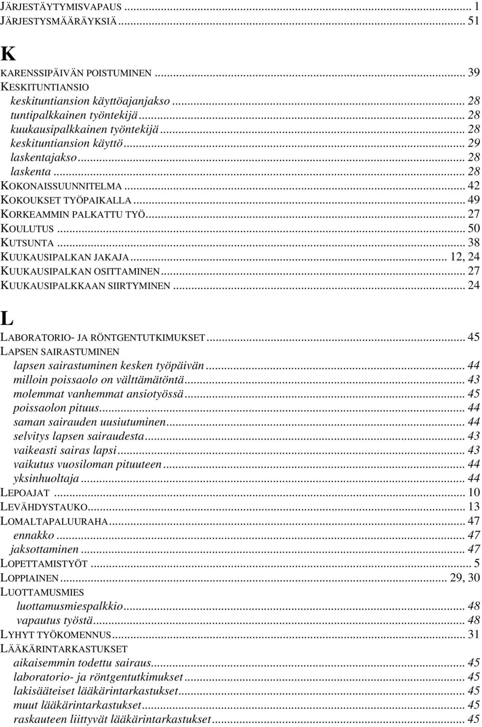 .. 50 KUTSUNTA... 38 KUUKAUSIPALKAN JAKAJA... 12, 24 KUUKAUSIPALKAN OSITTAMINEN... 27 KUUKAUSIPALKKAAN SIIRTYMINEN... 24 L LABORATORIO- JA RÖNTGENTUTKIMUKSET.