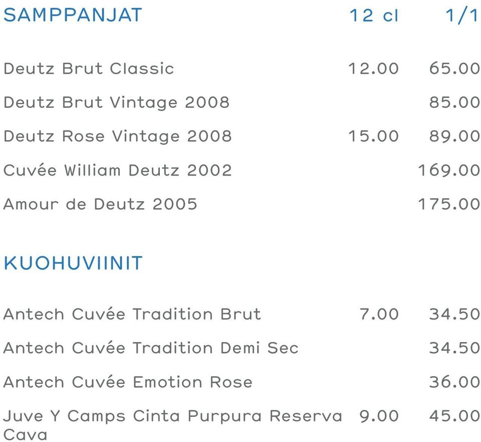 00 Amour de Deutz 2005 175.00 KUOHUVIINIT Antech Cuvée Tradition Brut 7.00 34.