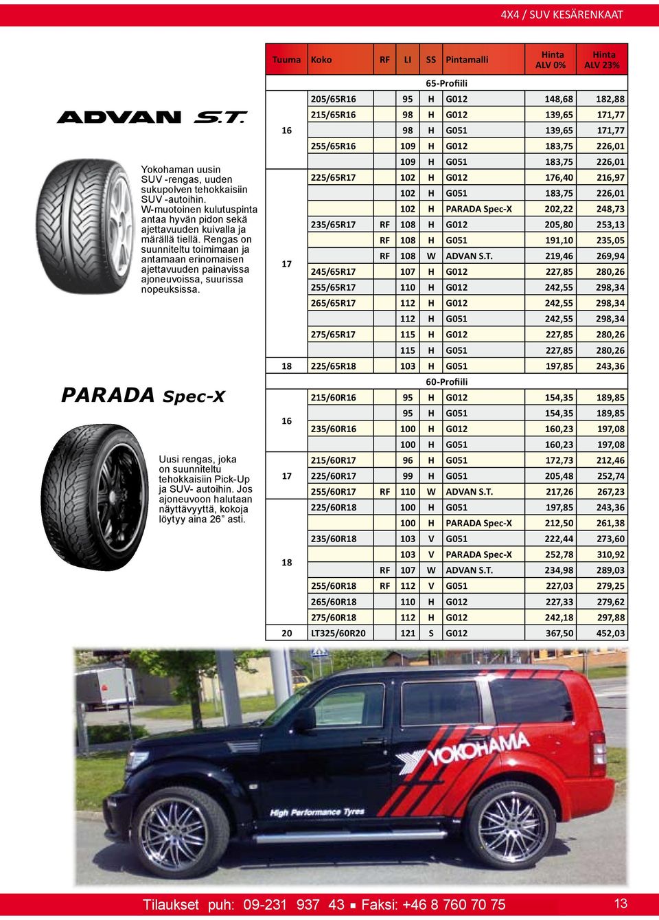 ajoneuvoon halutaan näyttävyyttä, kokoja löytyy aina 26 asti 65-Profiili 205/65R 95 H G012 148,68 2,88 2/65R 98 H G012 139,65 1,77 98 H G051 139,65 1,77 255/65R 109 H G012 3,75 226,01 109 H G051 3,75