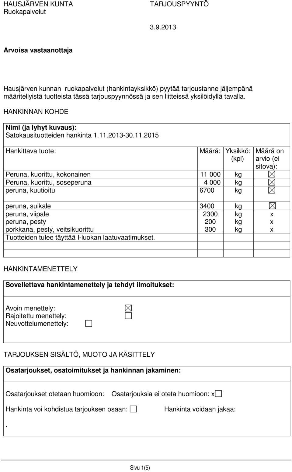 HANKINNAN KOHDE Nimi (ja lyhyt kuvaus): Satokausituotteiden hankinta 1.11.