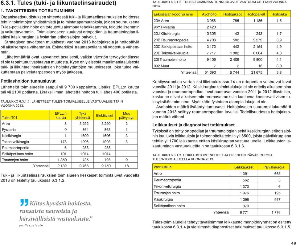 tehokkaammin, taloudellisemmin ja vaikuttavammin. Toimialueeseen kuuluvat ortopedian ja traumatologian lisäksi käsikirurgian ja fysiatrian erikoisalojen palvelut.