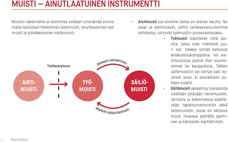 Ne asiat ja aistimukset, joihin tarkkaavaisuutemme kohdistuu, siirtyvät työmuistin prosessoitavaksi. Työmuisti käsittelee niitä asioita, jotka ovat mielessä juuri nyt.