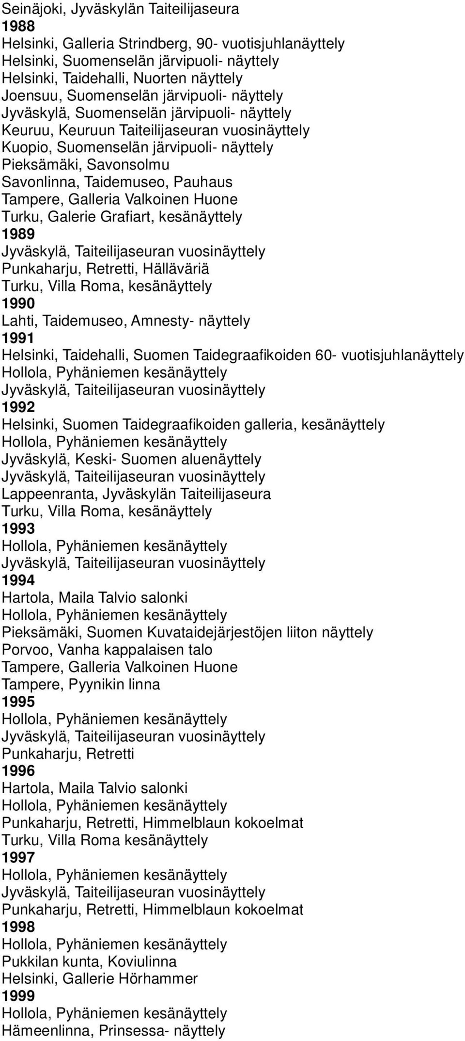 kesänäyttely 1989, Hälläväriä Turku, Villa Roma, kesänäyttely 1990 Lahti, Taidemuseo, Amnesty- näyttely 1991 Helsinki, Taidehalli, Suomen Taidegraafikoiden 60- vuotisjuhlanäyttely 1992 Helsinki,