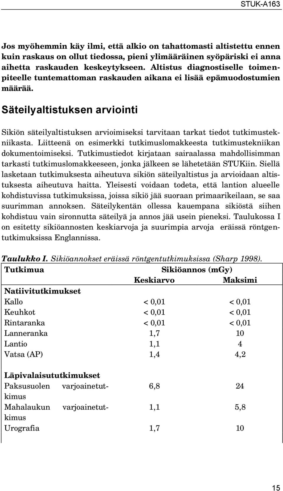 Säteilyaltistuksen arviointi Sikiön säteilyaltistuksen arvioimiseksi tarvitaan tarkat tiedot tutkimustekniikasta. Liitteenä on esimerkki tutkimuslomakkeesta tutkimustekniikan dokumentoimiseksi.