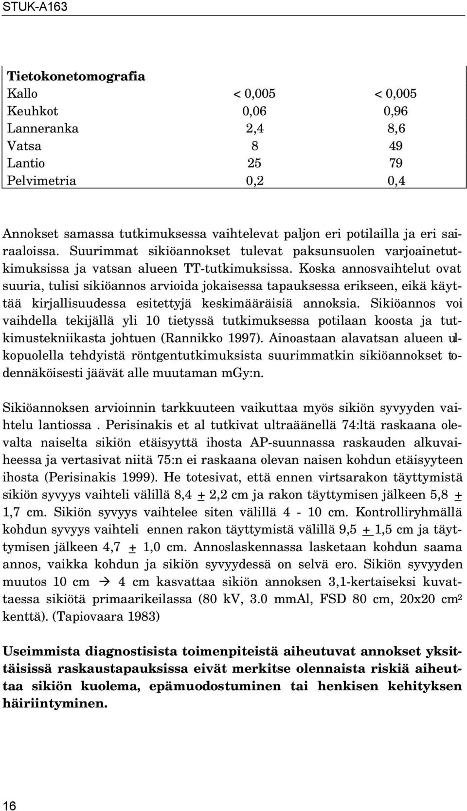 Koska annosvaihtelut ovat suuria, tulisi sikiöannos arvioida jokaisessa tapauksessa erikseen, eikä käyttää kirjallisuudessa esitettyjä keskimääräisiä annoksia.