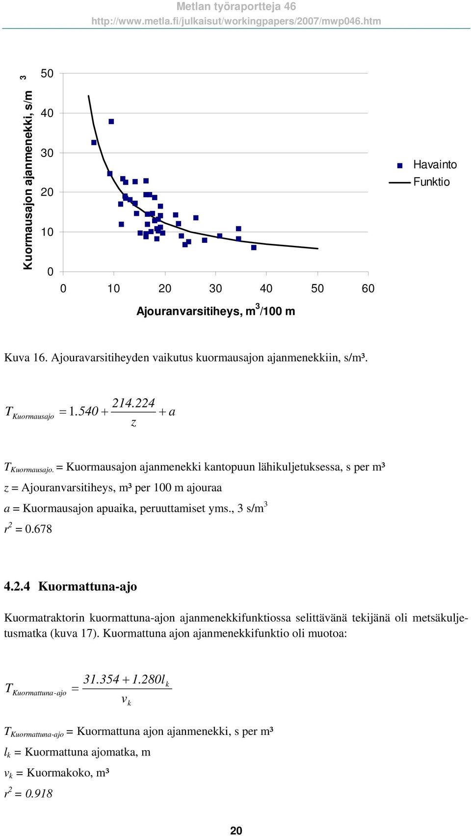 = Kuormausajon ajanmenekki kantopuun lähikuljetuksessa, s per m³ z = Ajouranvarsitiheys, m³ per 100 m ajouraa a = Kuormausajon apuaika, peruuttamiset yms., 3 s/m 3 r 2 