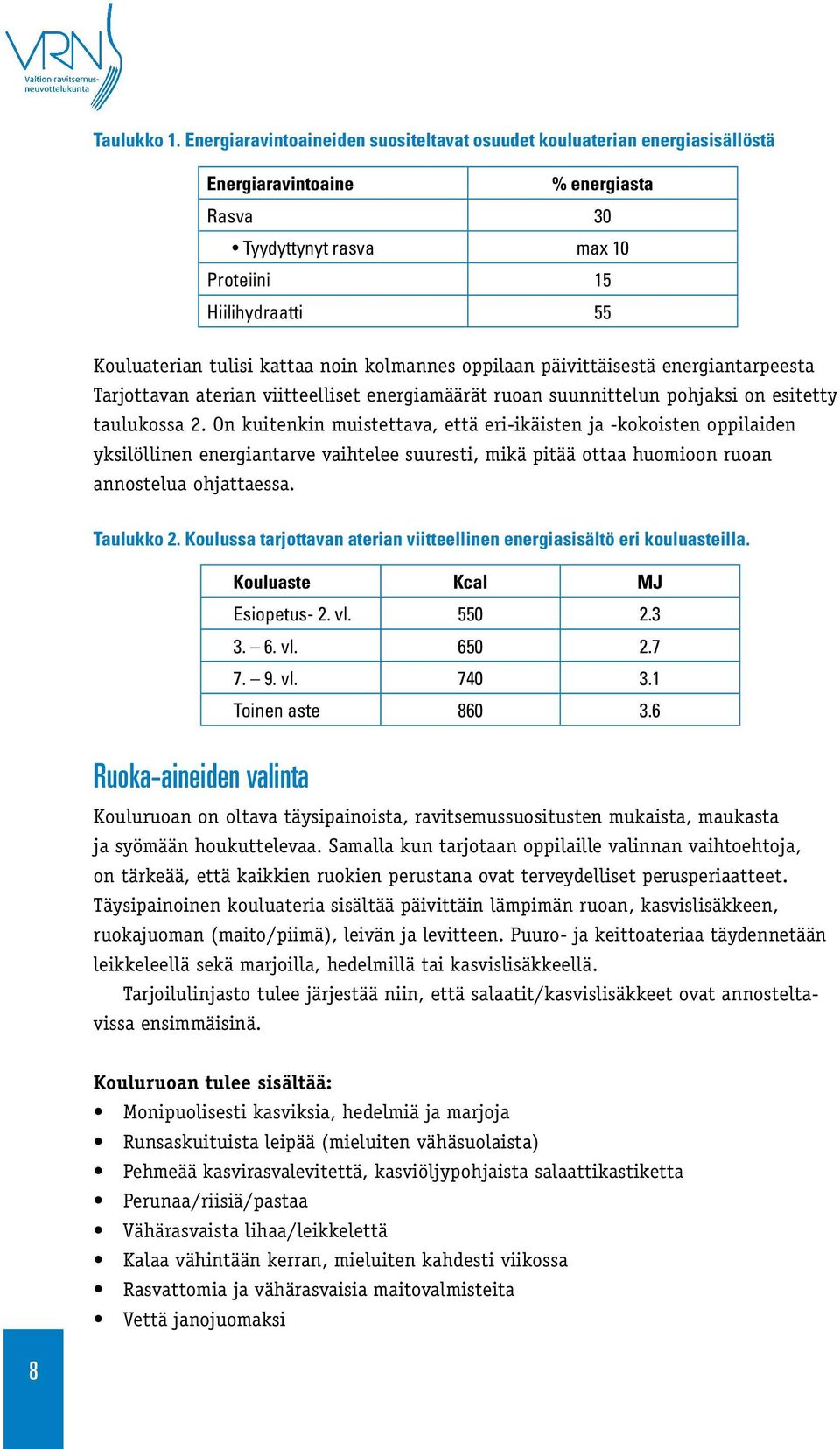 noin kolmannes oppilaan päivittäisestä energiantarpeesta Tarjottavan aterian viitteelliset energiamäärät ruoan suunnittelun pohjaksi on esitetty taulukossa 2.