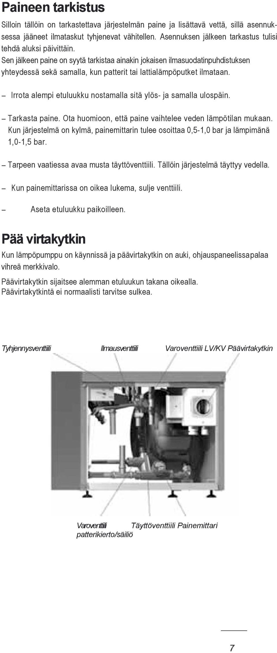 Sen jälkeen paine on syytä tarkistaa ainakin jokaisen ilmasuodatinpuhdistuksen yhteydessä sekä samalla, kun patterit tai lattialämpöputket ilmataan.