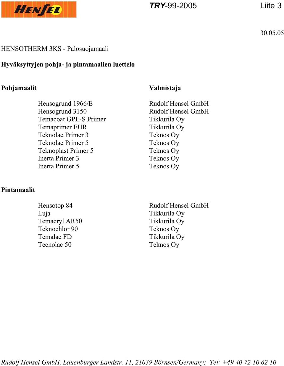 05 HENSOTHERM 3KS - Palosuojamaali Hyväksyttyjen pohja- ja pintamaalien luettelo Pohjamaalit almistaja Hensogrund 1966/E Hensogrund 3150 Temacoat GPL-S Primer