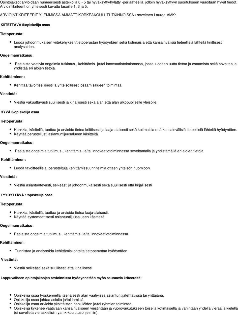 ARVIOINTIKRITEERIT YLEMMISSÄ AMMATTIKORKEAKOULUTUTKINNOISSA / soveltaen Laurea-AMK: KIITETTÄVÄ 5/opiskelija osaa Tietoperusta: Luoda johdonmukaisen viitekehyksen/tietoperustan hyödyntäen sekä