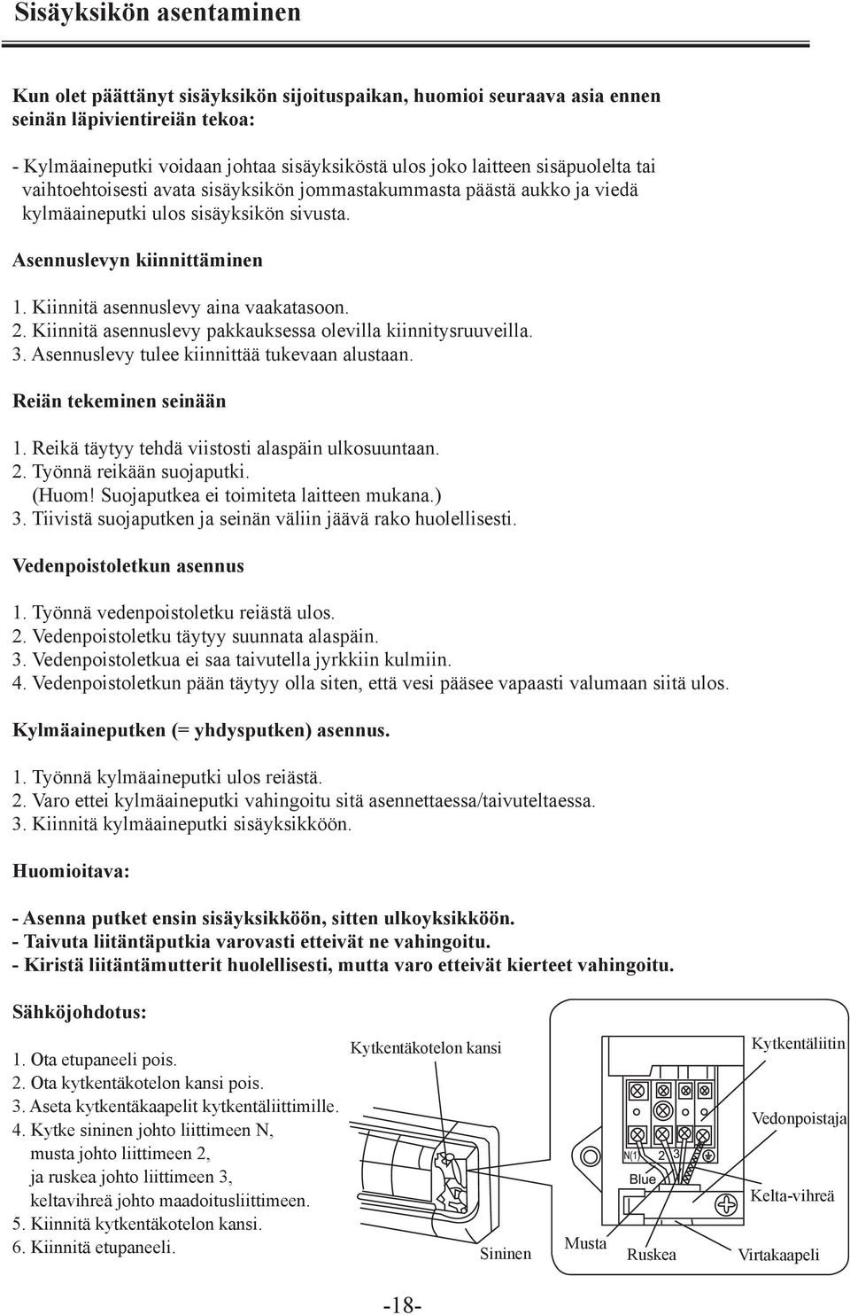 Kiinnitä asennuslevy aina vaakatasoon. 2. Kiinnitä asennuslevy pakkauksessa olevilla kiinnitysruuveilla. 3. Asennuslevy tulee kiinnittää tukevaan alustaan. Reiän tekeminen seinään 1.