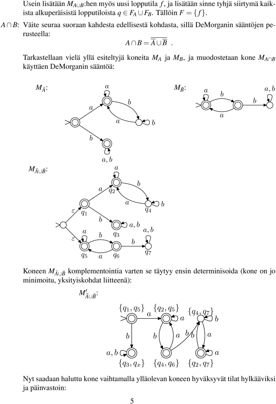 Trkstelln vielä yllä esiteltyjä koneit M A j M B, j muodostetn kone M A B käyttäen DeMorgnin sääntöä: MĀ: M B:, MĀ B :, q q 2 q 3 q 4,, q 5 q q 7 6 Koneen MĀ B