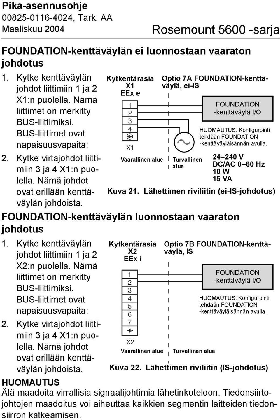Kytke kenttäväylän johdot liittimiin ja 2 X2:n puolella. Nämä liittimet on merkitty BUS-liittimiksi. BUS-liittimet ovat napaisuusvapaita: 2. Kytke virtajohdot liittimiin ja X:n puolella.