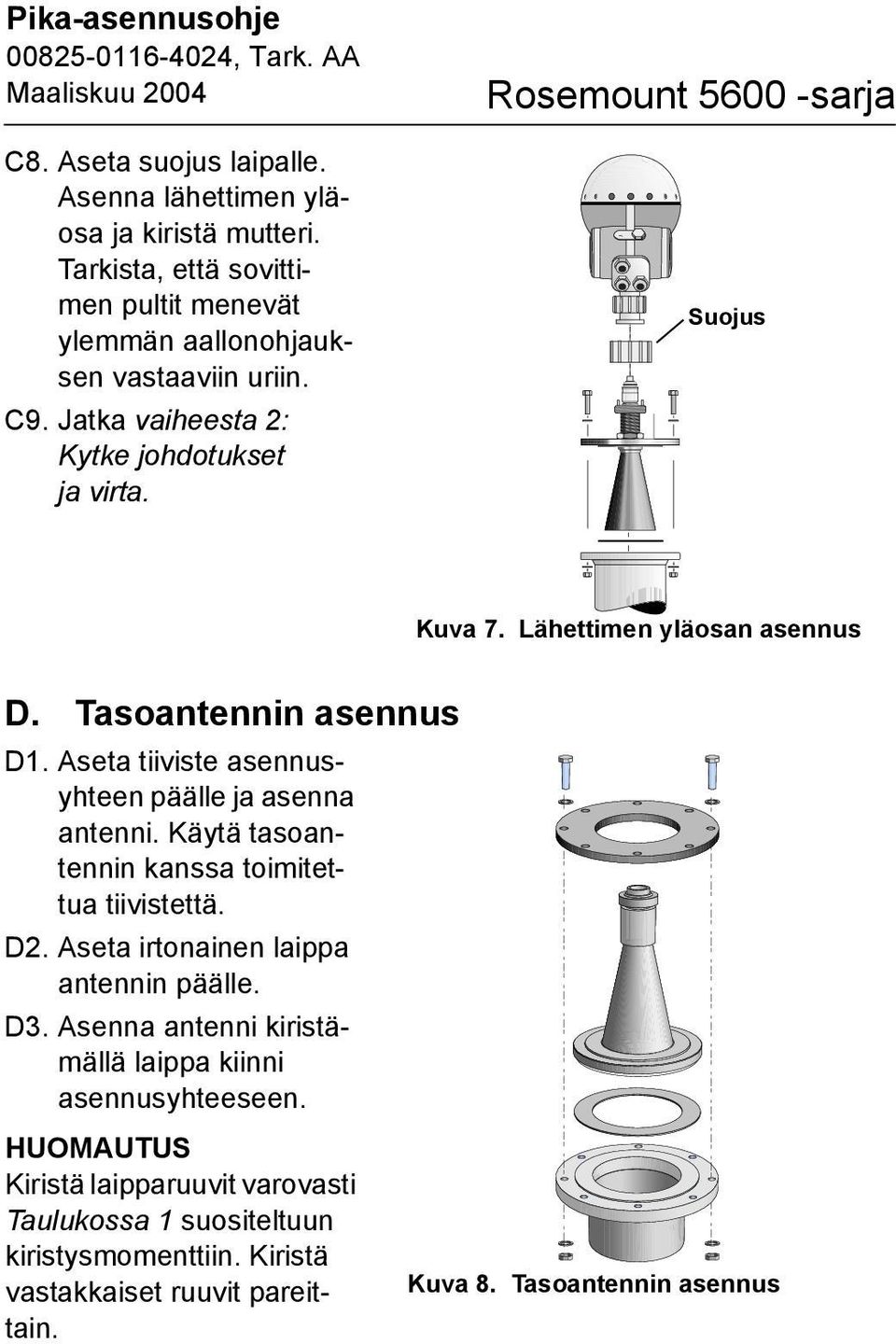 Aseta tiiviste asennusyhteen päälle ja asenna antenni. Käytä tasoantennin kanssa toimitettua tiivistettä. D2. Aseta irtonainen laippa antennin päälle. D. Asenna antenni kiristämällä laippa kiinni asennusyhteeseen.