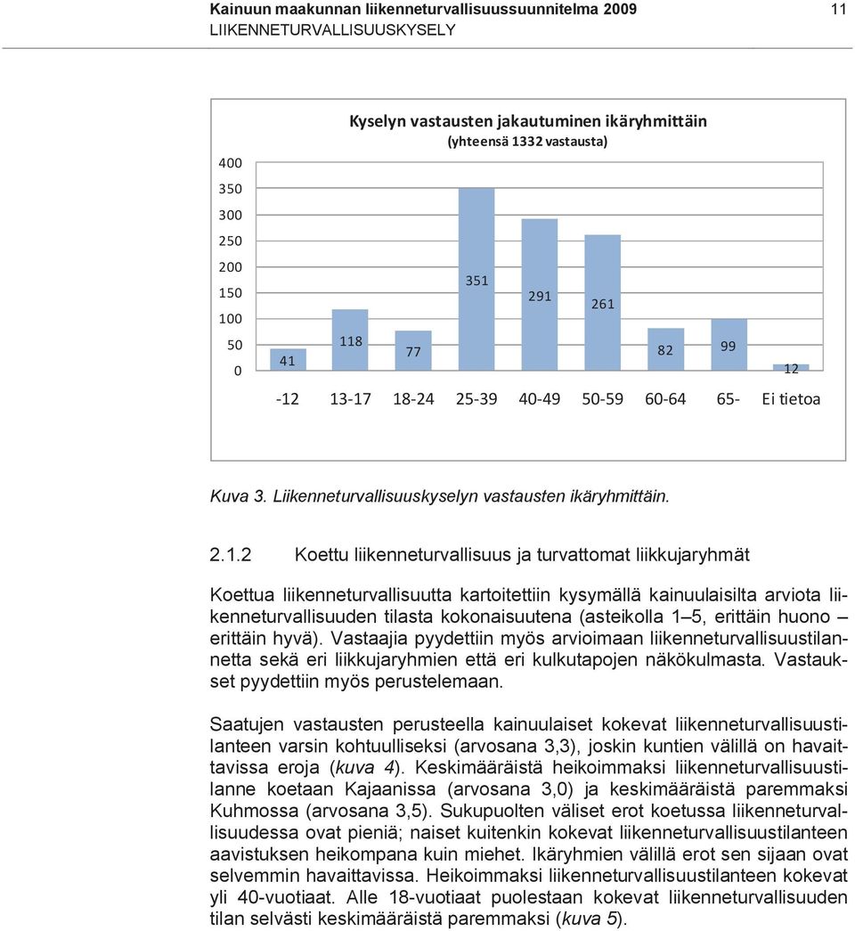 Koettua liikenneturvallisuutta kartoitettiin kysymällä kainuulaisilta arviota liikenneturvallisuuden tilasta kokonaisuutena (asteikolla 1 5, erittäin huono erittäin hyvä).