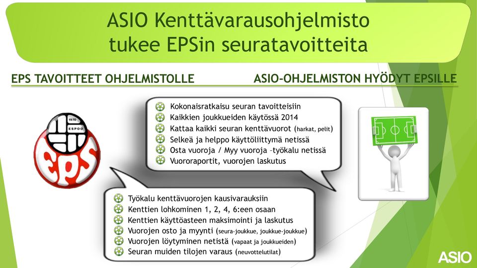 netissä Vuororaportit, vuorojen laskutus Työkalu kenttävuorojen kausivarauksiin Kenttien lohkominen 1, 2, 4, 6:een osaan Kenttien käyttöasteen maksimointi ja