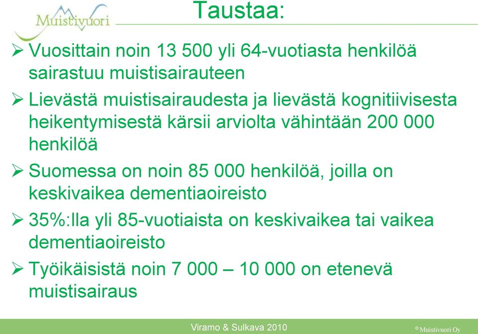 Suomessa on noin 85 000 henkilöä, joilla on keskivaikea dementiaoireisto 35%:lla yli 85-vuotiaista on