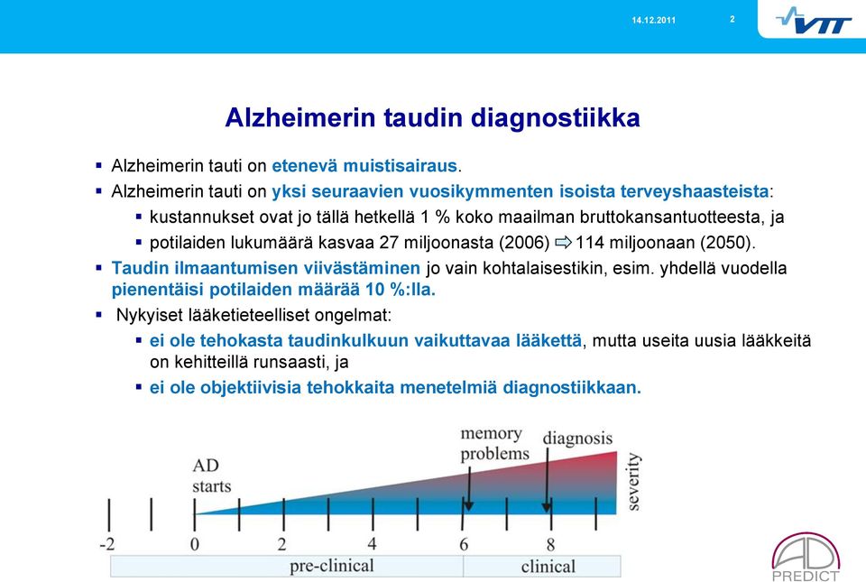 potilaiden lukumäärä kasvaa 27 miljoonasta (2006) 114 miljoonaan (2050). Taudin ilmaantumisen viivästäminen jo vain kohtalaisestikin, esim.