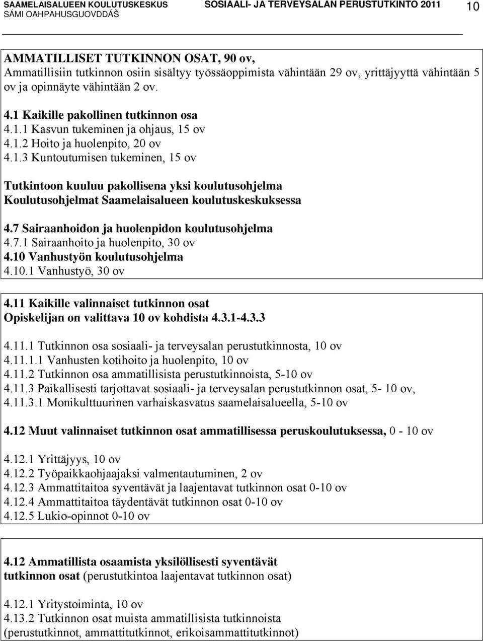 7 Sairaanhoidon ja huolenpidon koulutusohjelma 4.7.1 Sairaanhoito ja huolenpito, 30 ov 4.10 Vanhustyön koulutusohjelma 4.10.1 Vanhustyö, 30 ov 4.