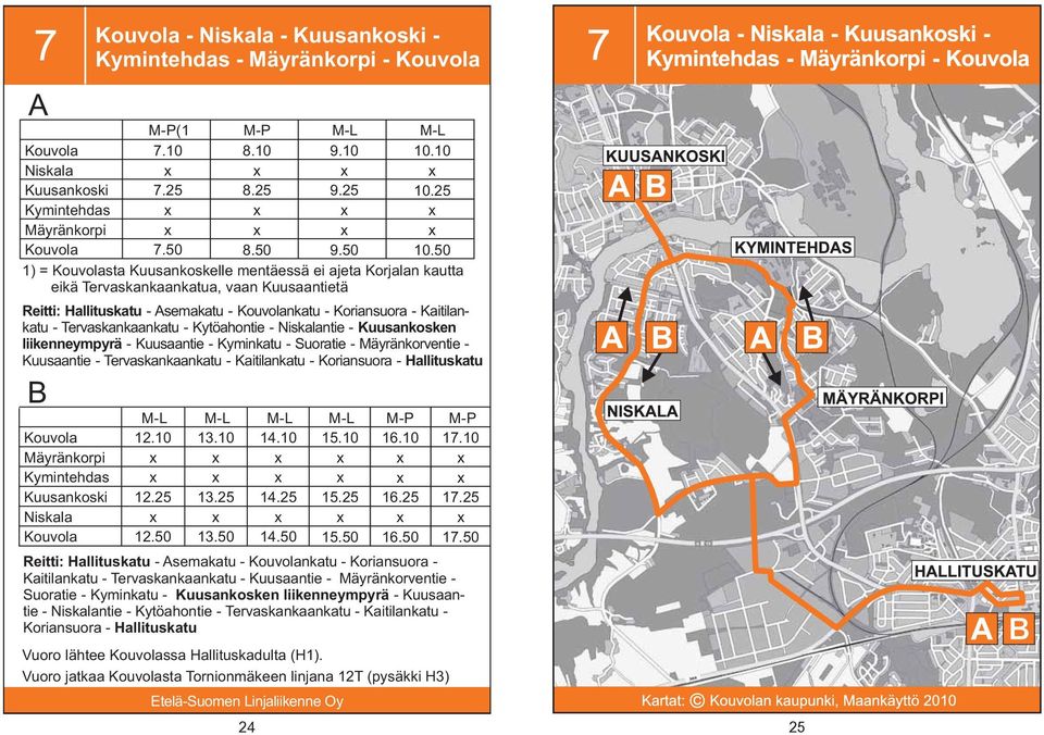 Kytöahontie - Niskalantie - Kuusankosken liikenneympyrä - Kuusaantie - Kyminkatu - Suoratie - Mäyränkorventie - Kuusaantie - Tervaskankaankatu - Kaitilankatu - nsuora - Hallituskatu Reitti: