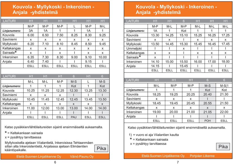 0..00 H H 6 H 6 M-...00.. 3.00 Kot.30. 3.00 3. 3..00 Kot 3.30 3.0.00 PAU H ATUR H H H 6 6 injanumero: Saviniemi Keltakangas nkeroinen Anjala M- 8. 8. 9. 9. 0.00 0. 0..00 Kot 0.0 0..0 ( Kot.30.0.00 Katso pysäkkien/lähtölaitureiden sijainti ensimmäiseltä aukeamalta.