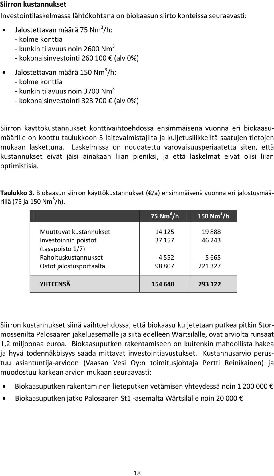 konttivaihtoehdossa ensimmäisenä vuonna eri biokaasumäärille on koottu taulukkoon 3 laitevalmistajilta ja kuljetusliikkeiltä saatujen tietojen mukaan laskettuna.