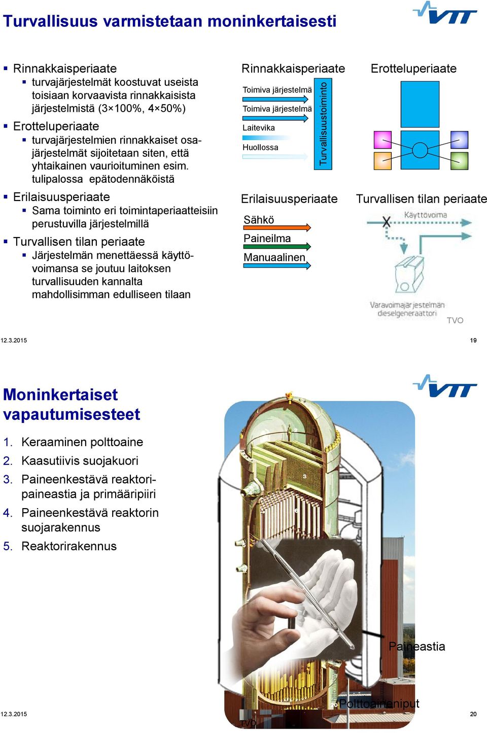 tulipalossa epätodennäköistä Erilaisuusperiaate Sama toiminto eri toimintaperiaatteisiin perustuvilla järjestelmillä Turvallisen tilan periaate Järjestelmän menettäessä käyttövoimansa se joutuu