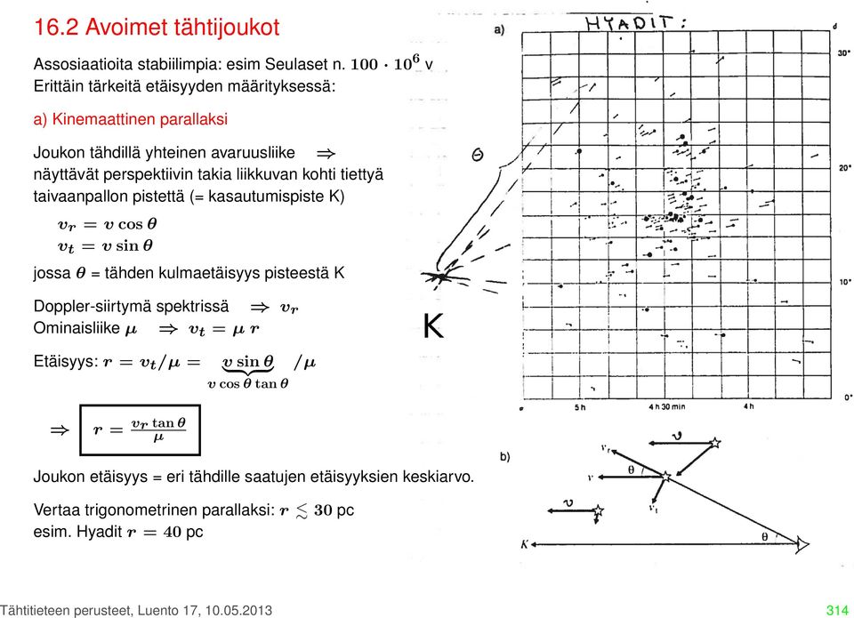 tiettyä taivaanpallon pistettä (= kasautumispiste K) v r = v cos θ v t = v sin θ jossa θ = tähden kulmaetäisyys pisteestä K Doppler-siirtymä spektrissä v r