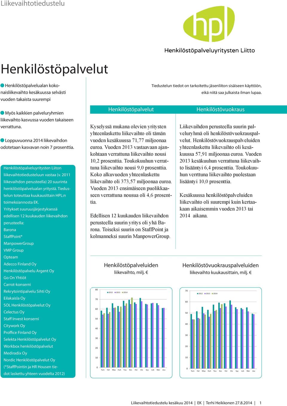Henkilöstöpalveluyritysten Liiton liikevaihtotiedusteluun vastaa (v. liikevaihdon perusteella) suurinta henkilöstöpalvelualan yritystä. Tiedustelun toteuttaa kuukausittain HPL:n toimeksiannosta EK.