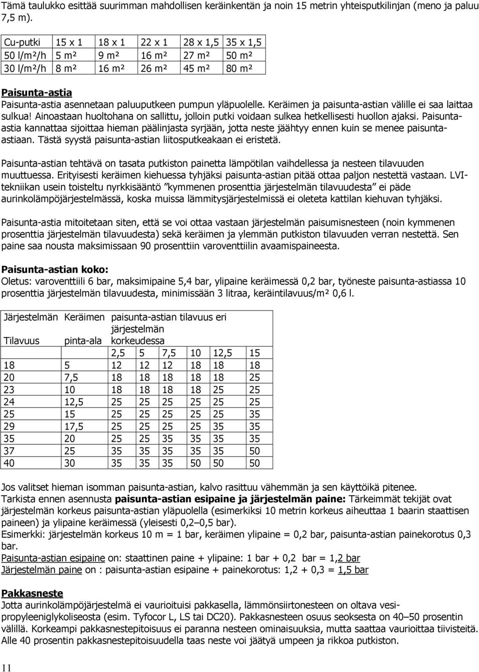 Keräimen ja paisunta-astian välille ei saa laittaa sulkua! Ainoastaan huoltohana on sallittu, jolloin putki voidaan sulkea hetkellisesti huollon ajaksi.