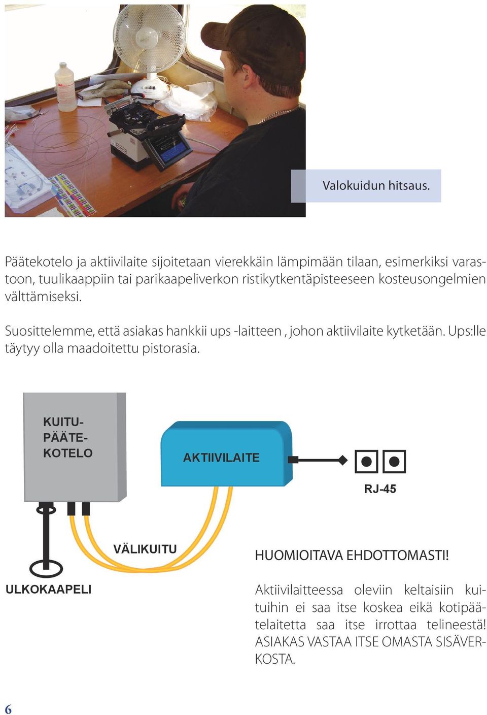 ristikytkentäpisteeseen kosteusongelmien välttämiseksi. Suosittelemme, että asiakas hankkii ups -laitteen, johon aktiivilaite kytketään.