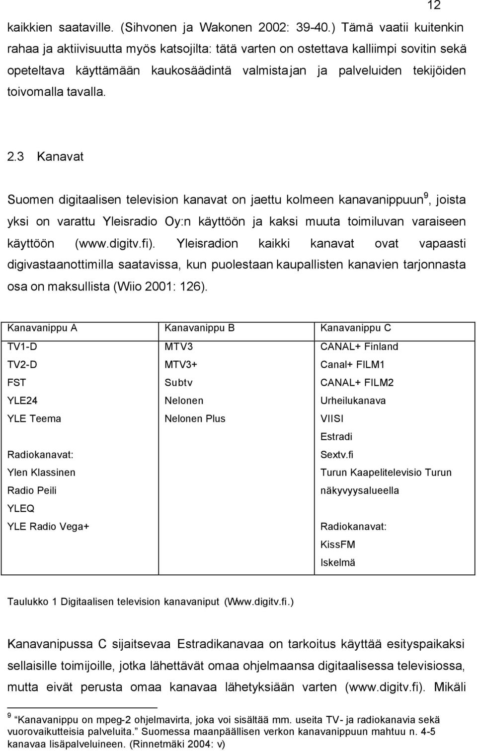 tavalla. 2.3 Kanavat Suomen digitaalisen television kanavat on jaettu kolmeen kanavanippuun 9, joista yksi on varattu Yleisradio Oy:n käyttöön ja kaksi muuta toimiluvan varaiseen käyttöön (www.digitv.