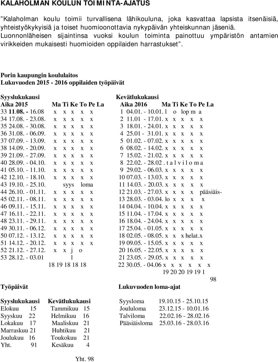 Porin kaupungin koululaitos Lukuvuoden 2015-2016 oppilaiden työpäivät Syyslukukausi Kevätlukukausi Aika 2015 Ma Ti Ke To Pe La Aika 2016 Ma Ti Ke To Pe La 33 11.08. - 16.08 x x x x x 1 04.01. - 10.01. l o lop m a 34 17.