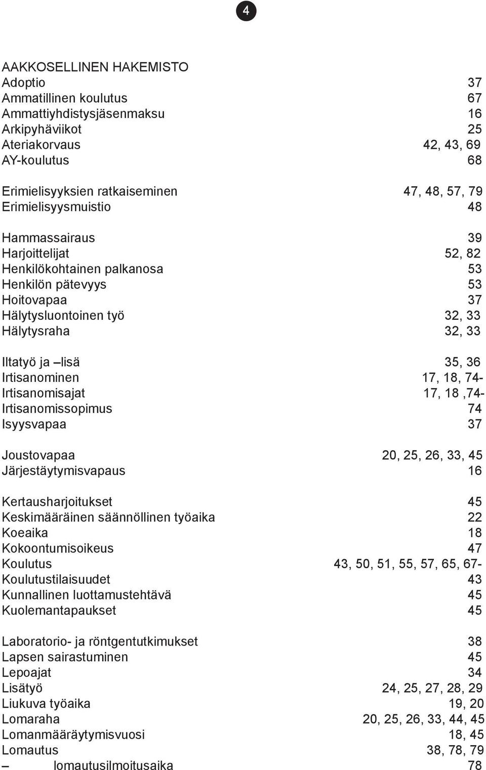 Irtisanominen 17, 18, 74- Irtisanomisajat 17, 18,74- Irtisanomissopimus 74 Isyysvapaa 37 Joustovapaa 20, 25, 26, 33, 45 Järjestäytymisvapaus 16 Kertausharjoitukset 45 Keskimääräinen säännöllinen